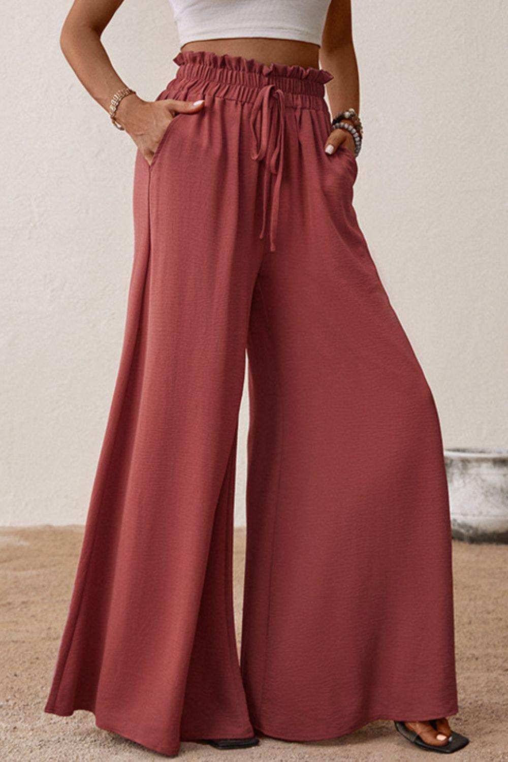 Smocked Paperbag Waist Wide Leg Pants - Trendsi - Flyclothing LLC