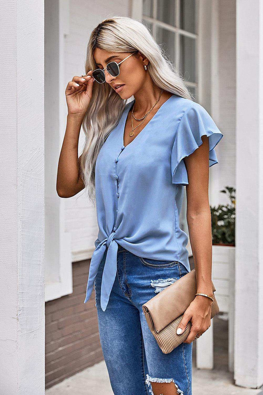 V-Neck Tie Hem Flutter Sleeve Blouse - Trendsi - Flyclothing LLC