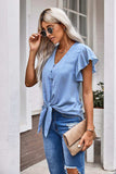 V-Neck Tie Hem Flutter Sleeve Blouse - Trendsi - Flyclothing LLC