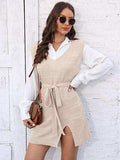 Tie Front V-Neck Sleeveless Slit Sweater Dress - Trendsi - Flyclothing LLC