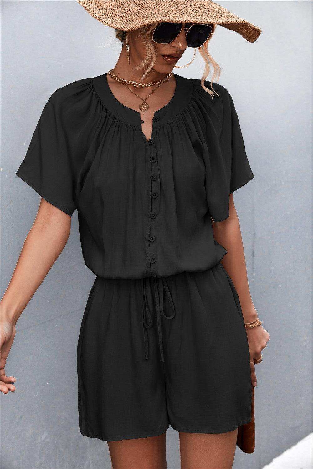 Buttoned Gather Detail Romper - Trendsi - Flyclothing LLC
