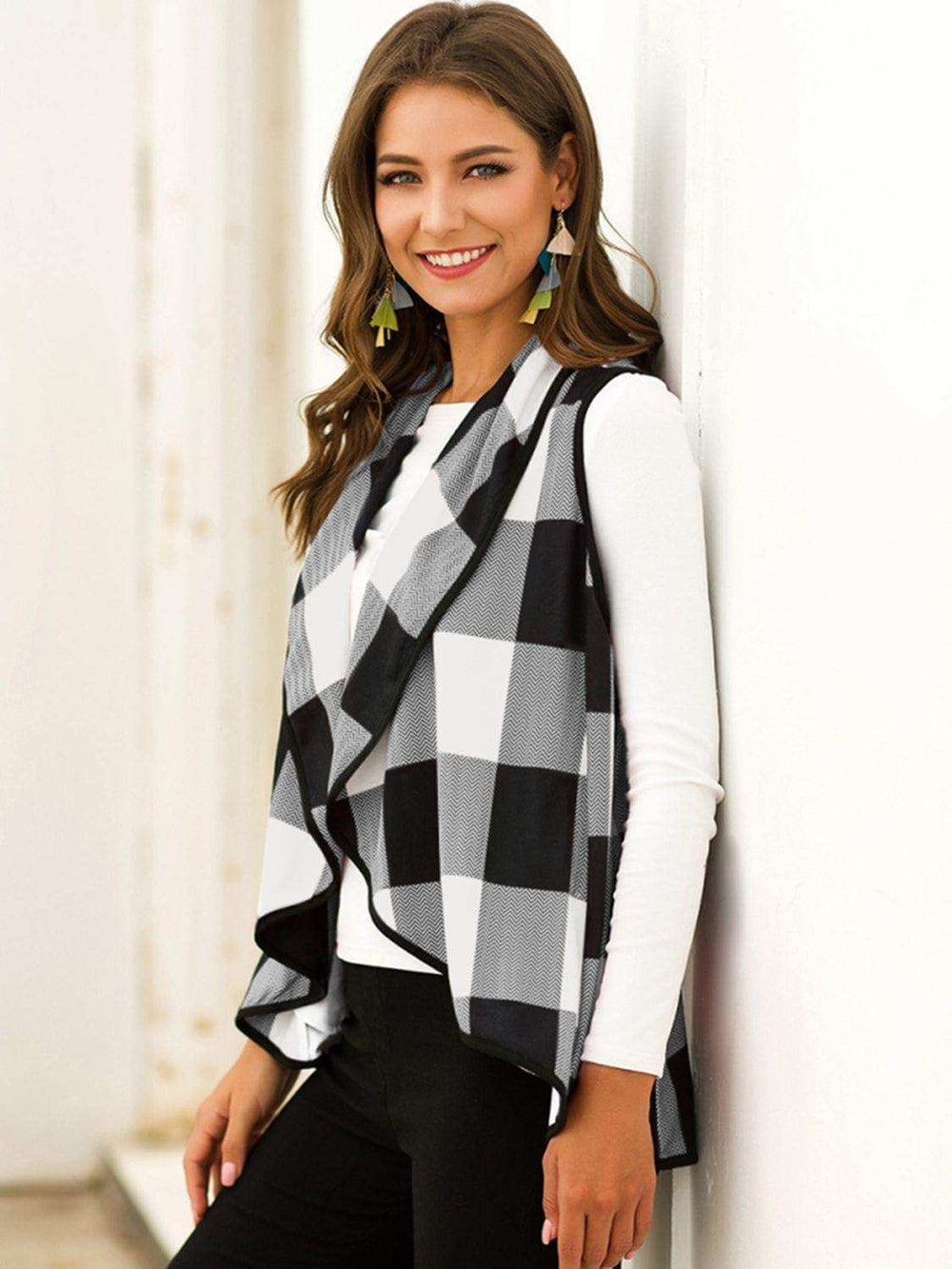 Plaid Open Front Sleeveless Cardigan - Trendsi - Flyclothing LLC
