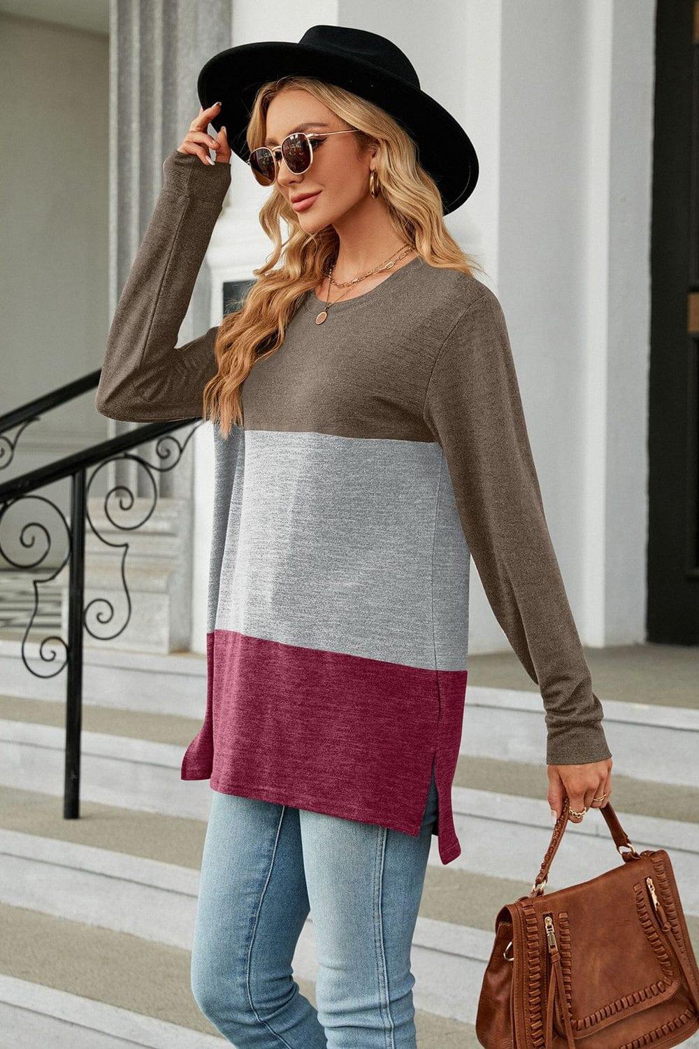 Color Block Round Neck Long Sleeve Slit T-Shirt - Trendsi