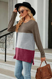 Color Block Round Neck Long Sleeve Slit T-Shirt - Trendsi - Flyclothing LLC