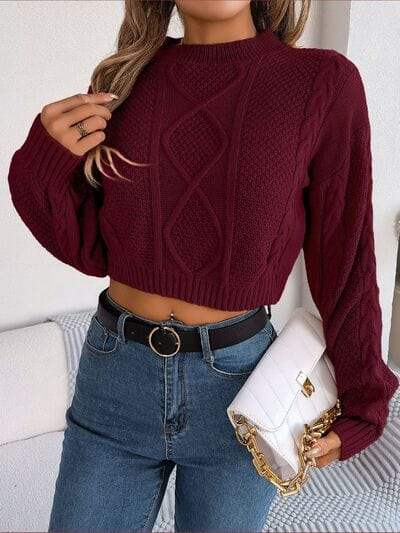 Cable-Knit Round Neck Cropped Sweater - Trendsi - Flyclothing LLC