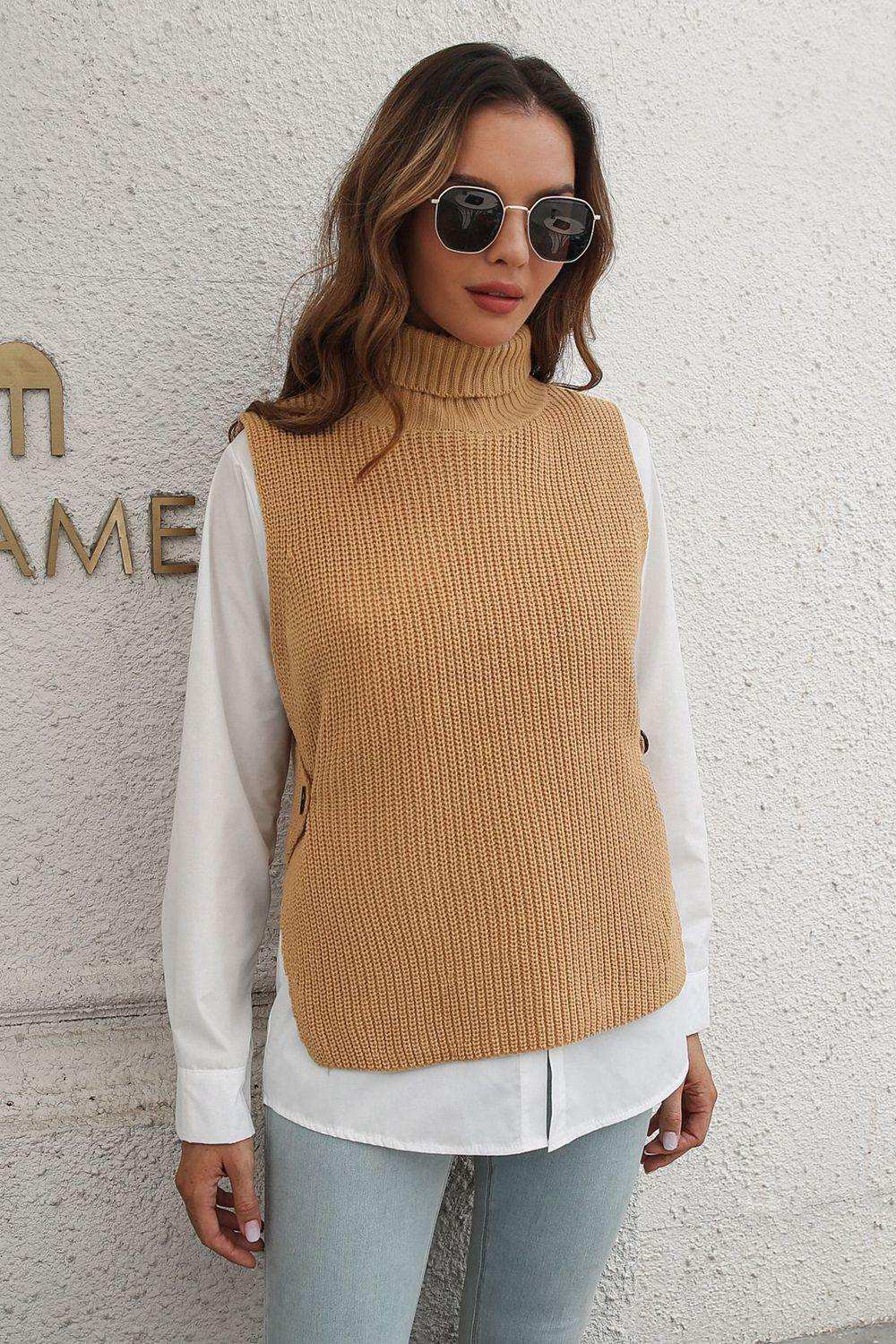 Ribbed Mock Neck Sleeveless Sweater Vest - Trendsi - Flyclothing LLC