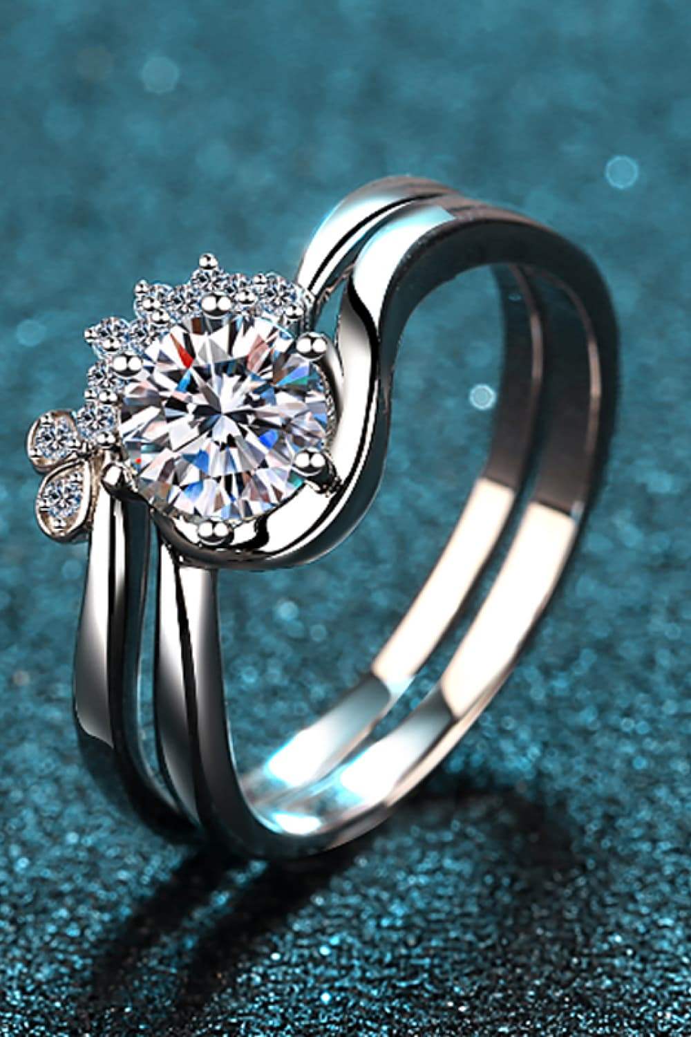 Moissanite Rhodium-Plated Two-Piece Ring Set - Trendsi - Flyclothing LLC