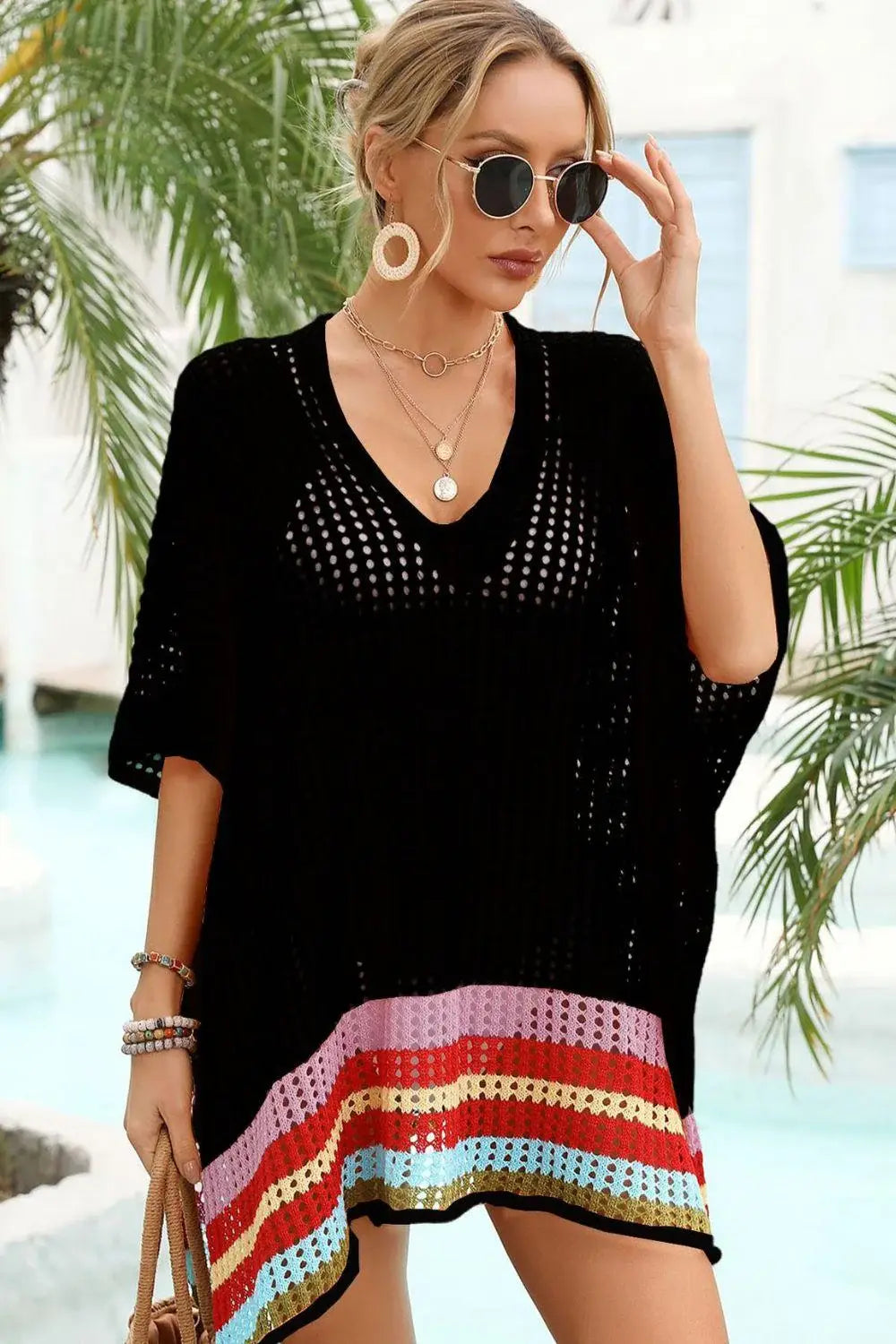 Rainbow Stripe Openwork Slit Cover-Up - Trendsi - Flyclothing LLC