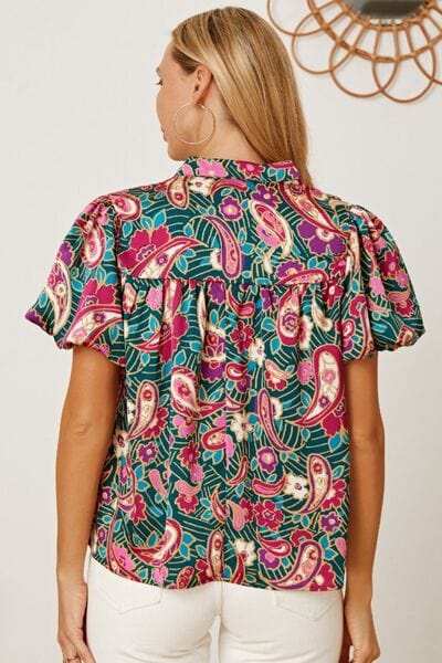 Floral Collared Neck Short Sleeve Blouse - Trendsi - Flyclothing LLC