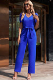 Belted Puff Sleeve V-Neck Jumpsuit - Trendsi
