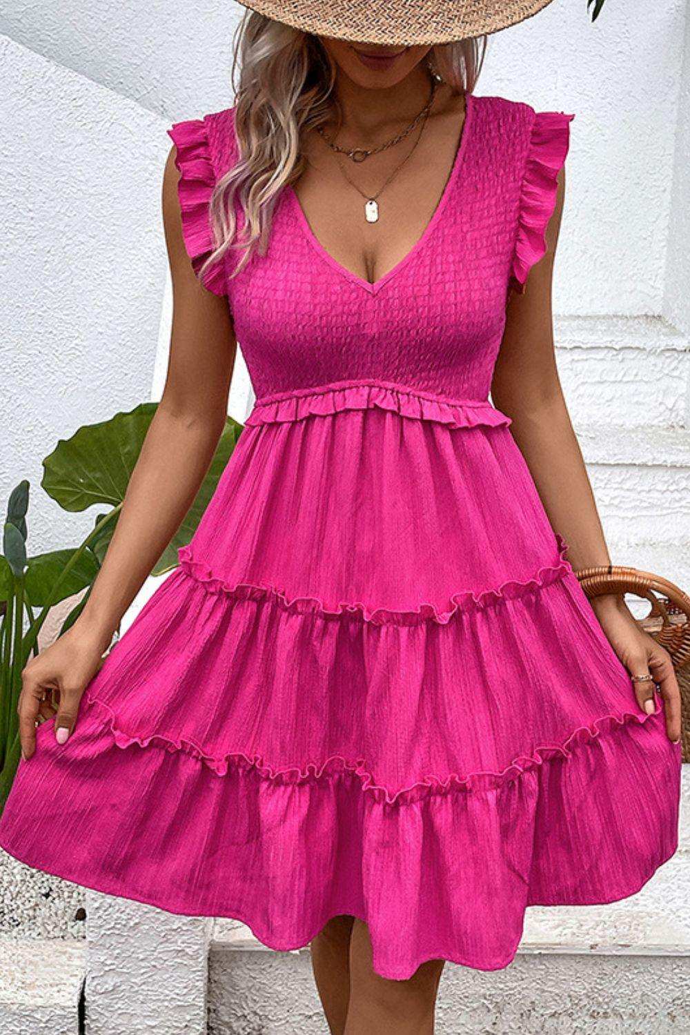 Smocked Frill Trim Deep V Dress - Trendsi - Flyclothing LLC