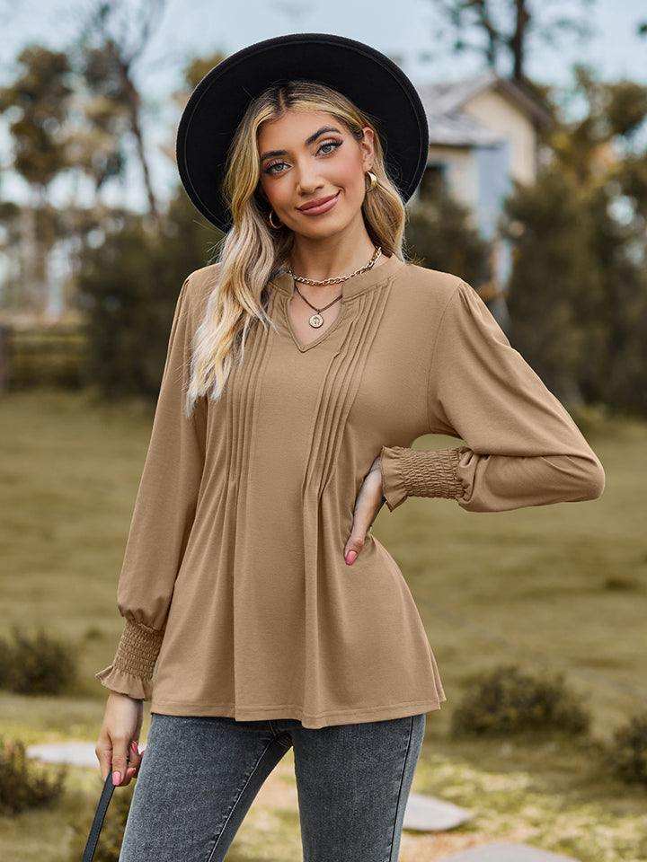 Notched Neck Flounce Sleeve Blouse - Trendsi - Flyclothing LLC