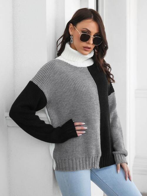 Contrast Turtleneck Long Sleeve Sweater - Trendsi