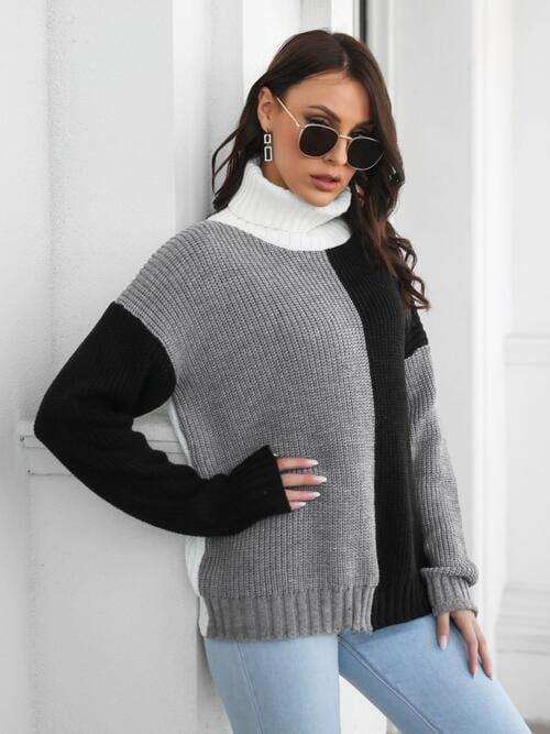 Contrast Turtleneck Long Sleeve Sweater - Trendsi - Flyclothing LLC