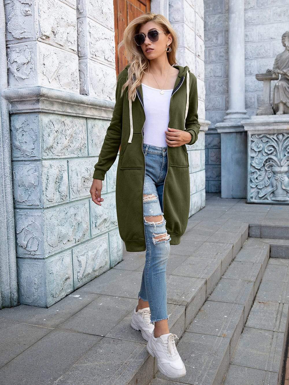 Full Size Zip-Up Longline Hoodie with Pockets - Trendsi - Flyclothing LLC