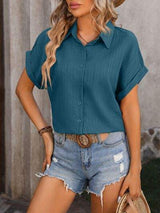 Textured Button Up Cap Sleeve Shirt - Trendsi - Flyclothing LLC