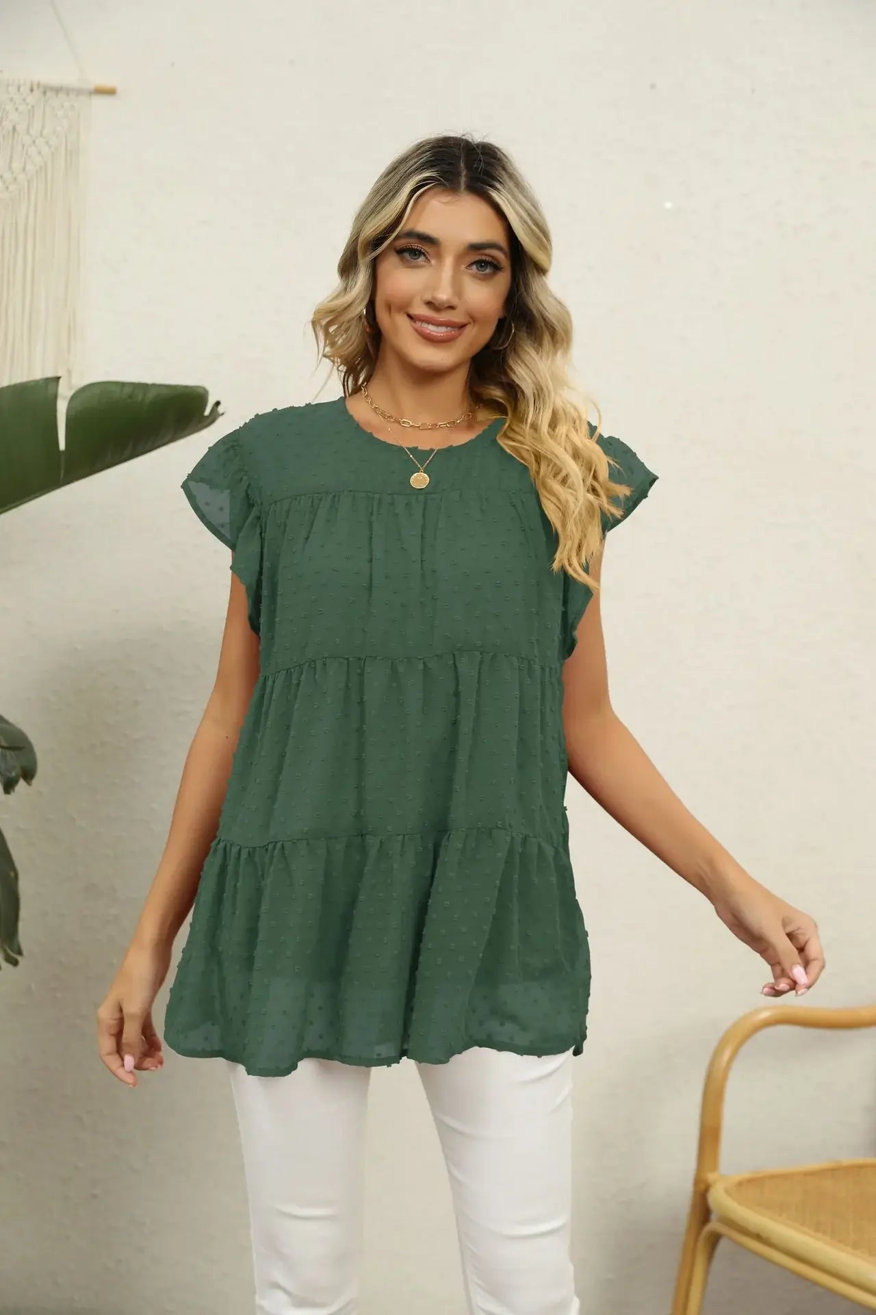 Swiss Dot Round Neck Tiered Blouse - Trendsi - Flyclothing LLC