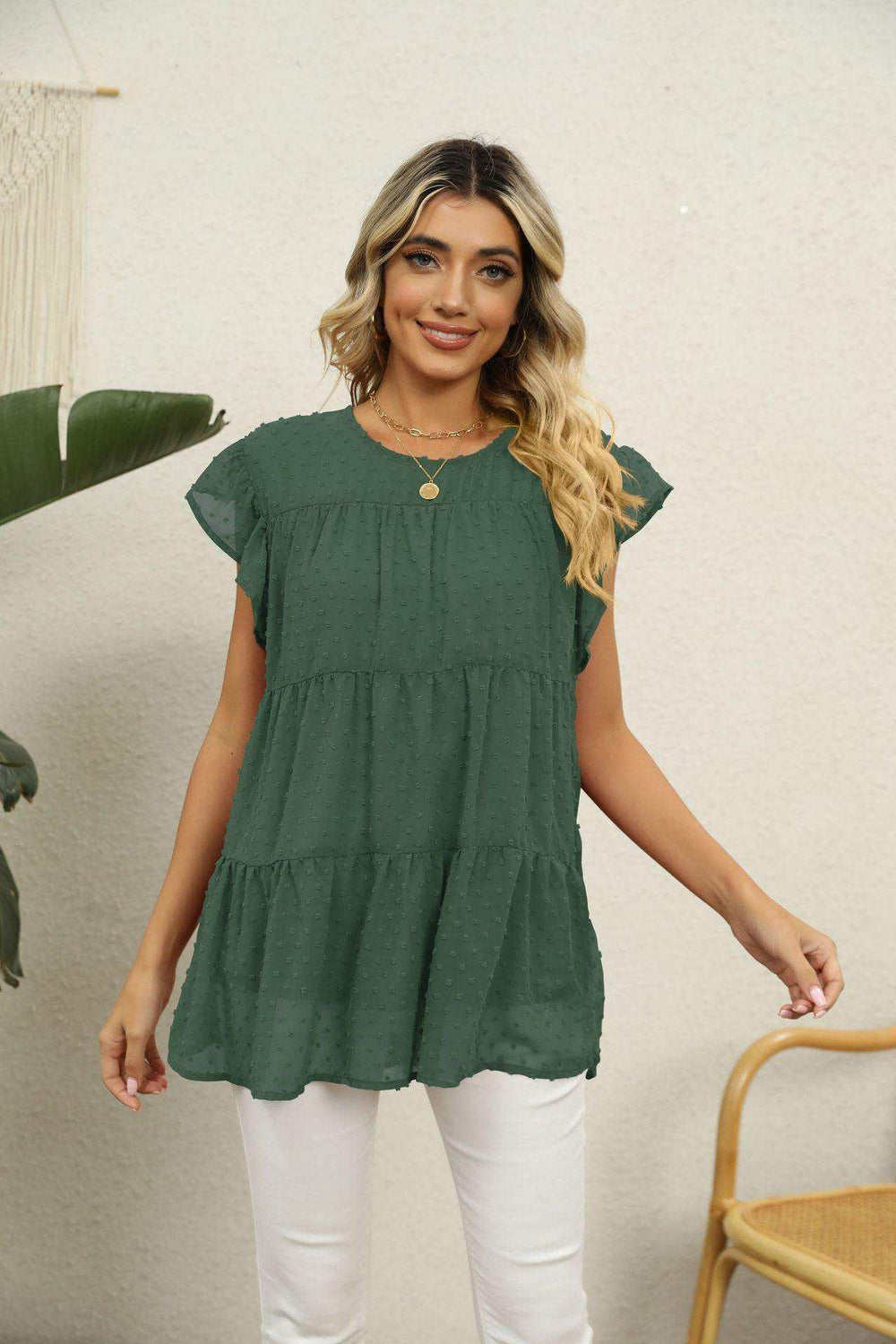 Swiss Dot Round Neck Tiered Blouse - Trendsi - Flyclothing LLC
