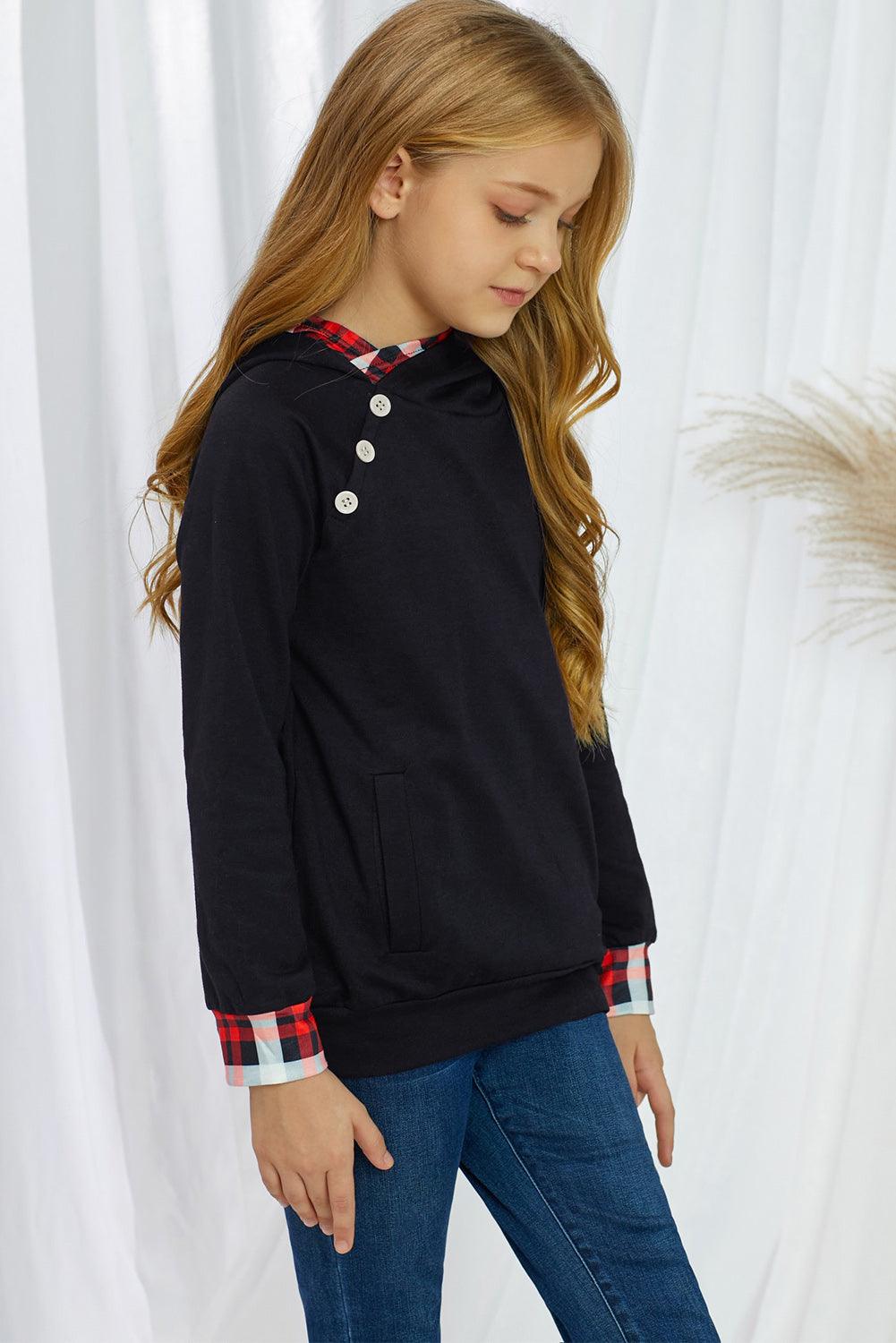 Girls Plaid Decorative Button Hoodie with Pockets - Flyclothing LLC