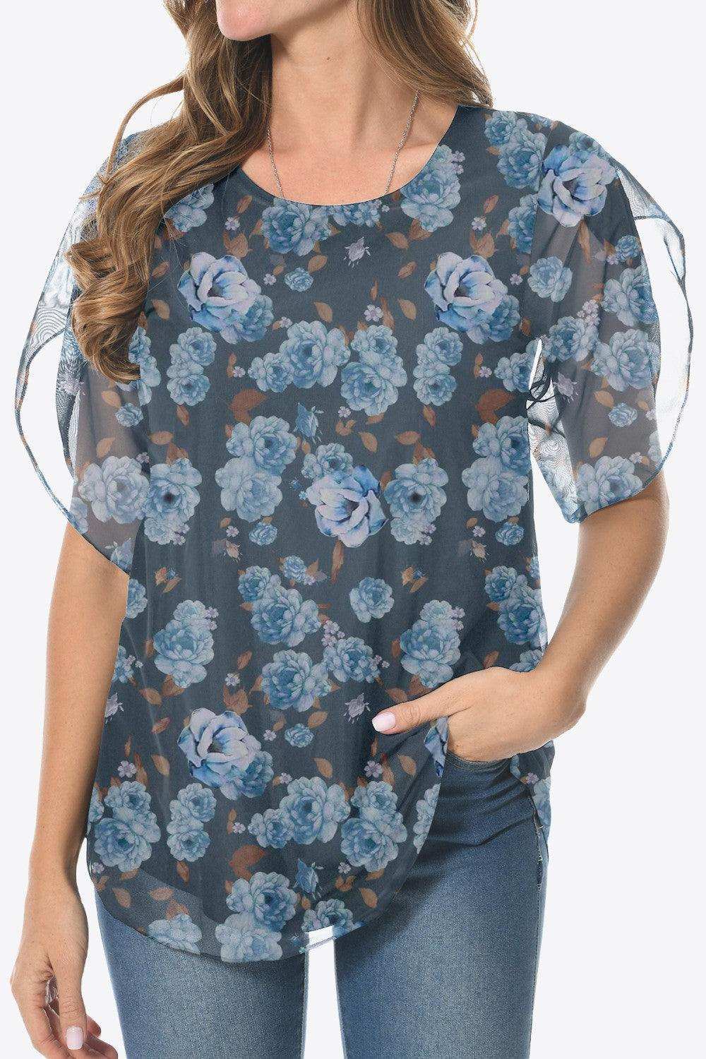 Printed Round Neck Curved Hem Blouse - Trendsi - Flyclothing LLC