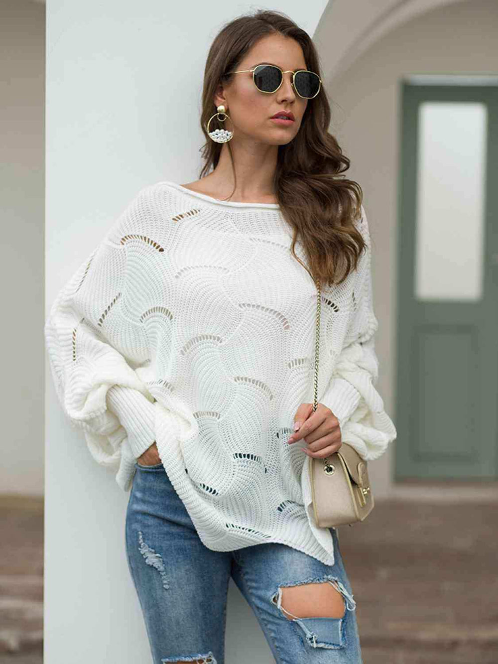 Full Size Boat Neck Lantern Sleeve Openwork Knit Top - Trendsi - Flyclothing LLC