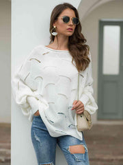 Full Size Boat Neck Lantern Sleeve Openwork Knit Top - Trendsi