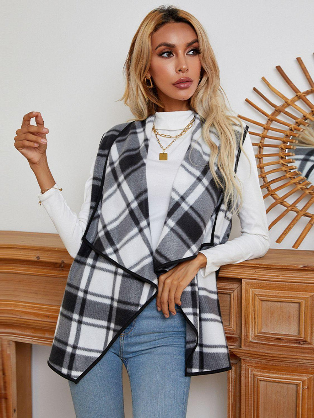 Plaid Open Front Vest - Trendsi