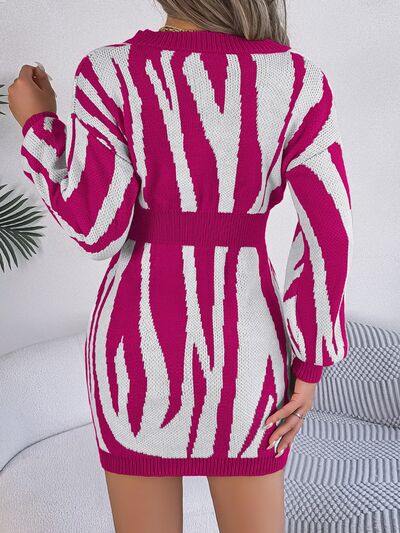 Animal Print V-Neck Long Sleeve Sweater Dress - Trendsi