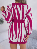 Animal Print V-Neck Long Sleeve Sweater Dress - Trendsi