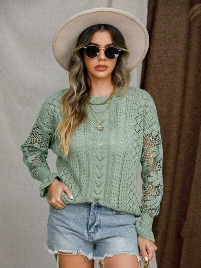 Eyelet Crochet Lantern Sleeve Sweater - Trendsi - Flyclothing LLC