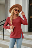 Square Neck Long Sleeve Slit T-Shirt - Trendsi - Flyclothing LLC