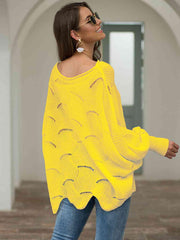Full Size Boat Neck Lantern Sleeve Openwork Knit Top - Trendsi