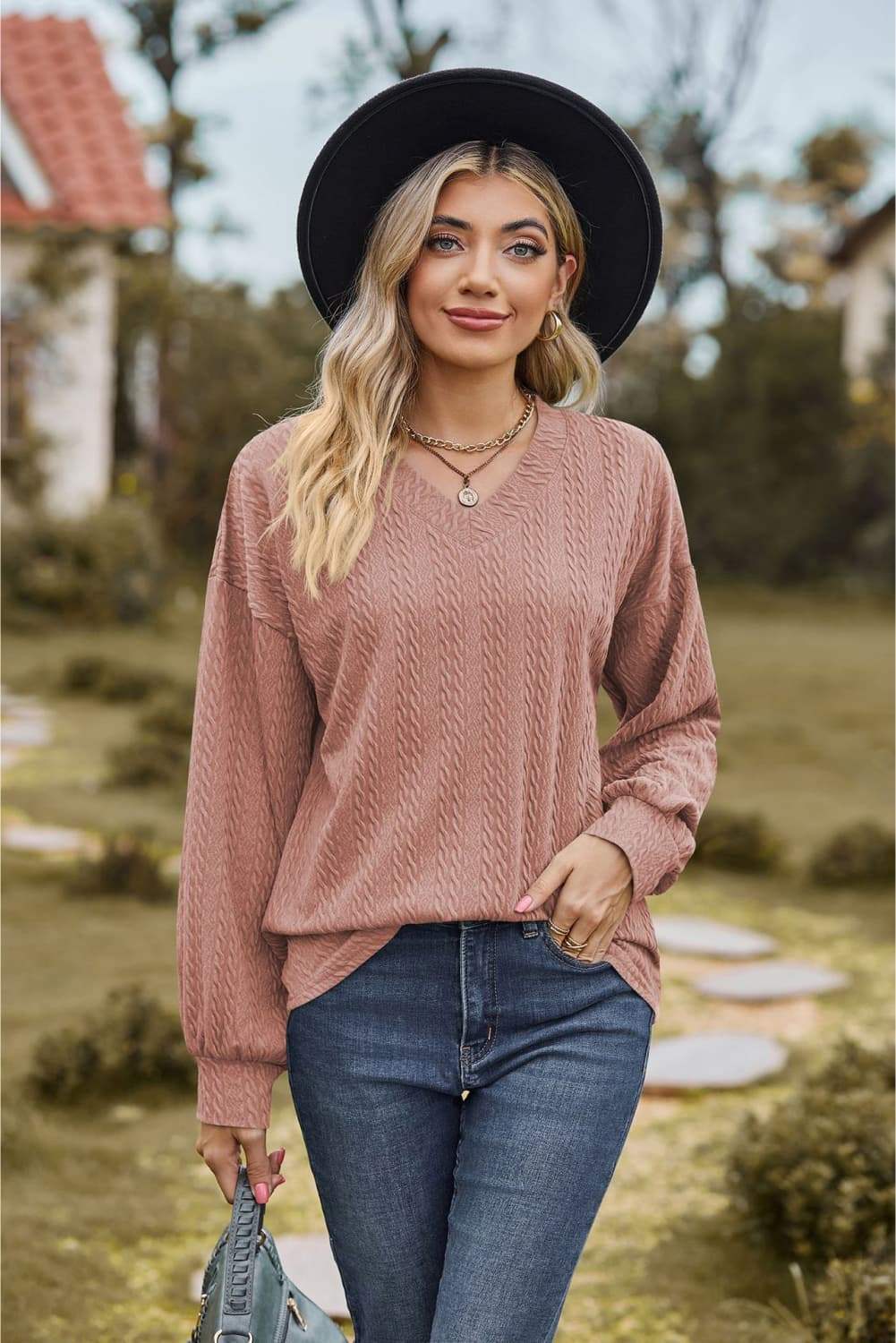 V-Neck Dropped Shoulder Blouse - Trendsi - Flyclothing LLC