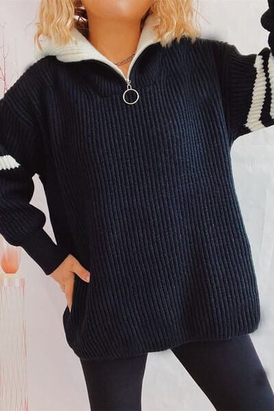 Quarter Zip Striped Dropped Shoulder Sweater - Trendsi