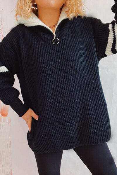 Quarter Zip Striped Dropped Shoulder Sweater - Trendsi - Flyclothing LLC