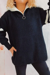 Quarter Zip Striped Dropped Shoulder Sweater - Trendsi
