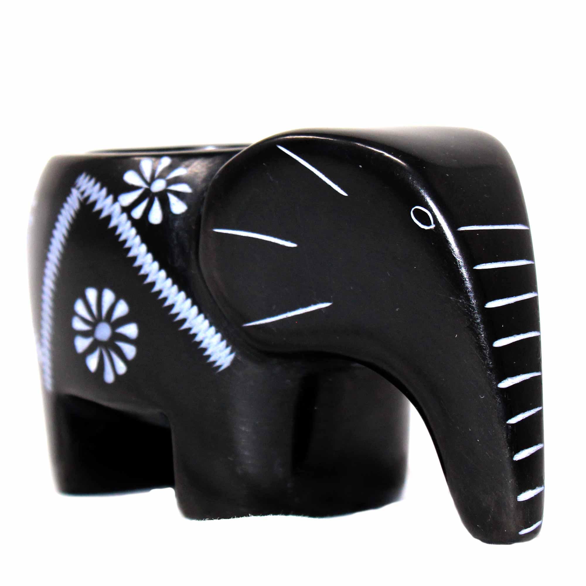 Elephant Soapstone Tea Light - Black Finish with Etch Design - Flyclothing LLC