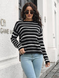 Striped Round Neck Dropped Shoulder Sweater - Trendsi