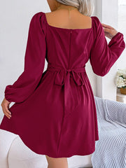 Tied Square Neck Balloon Sleeve Dress - Flyclothing LLC
