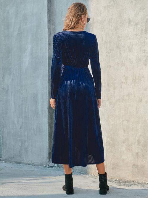 Tie Front Long Sleeve Slit Dress - Trendsi - Flyclothing LLC