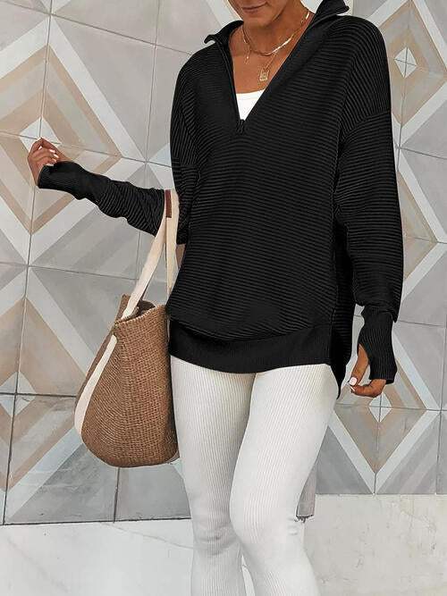 Half Zip Long Sleeve Knit Top - Trendsi - Flyclothing LLC