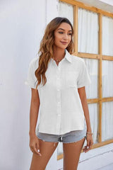 Button Up Collared Neck Short Sleeve Shirt - Trendsi
