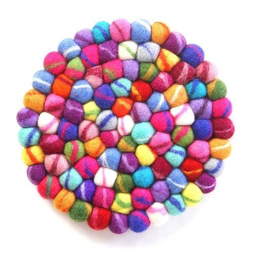 Hand Crafted Felt Ball Trivets from Nepal: Round, Rainbow - Global Groove (T) - Global Groove