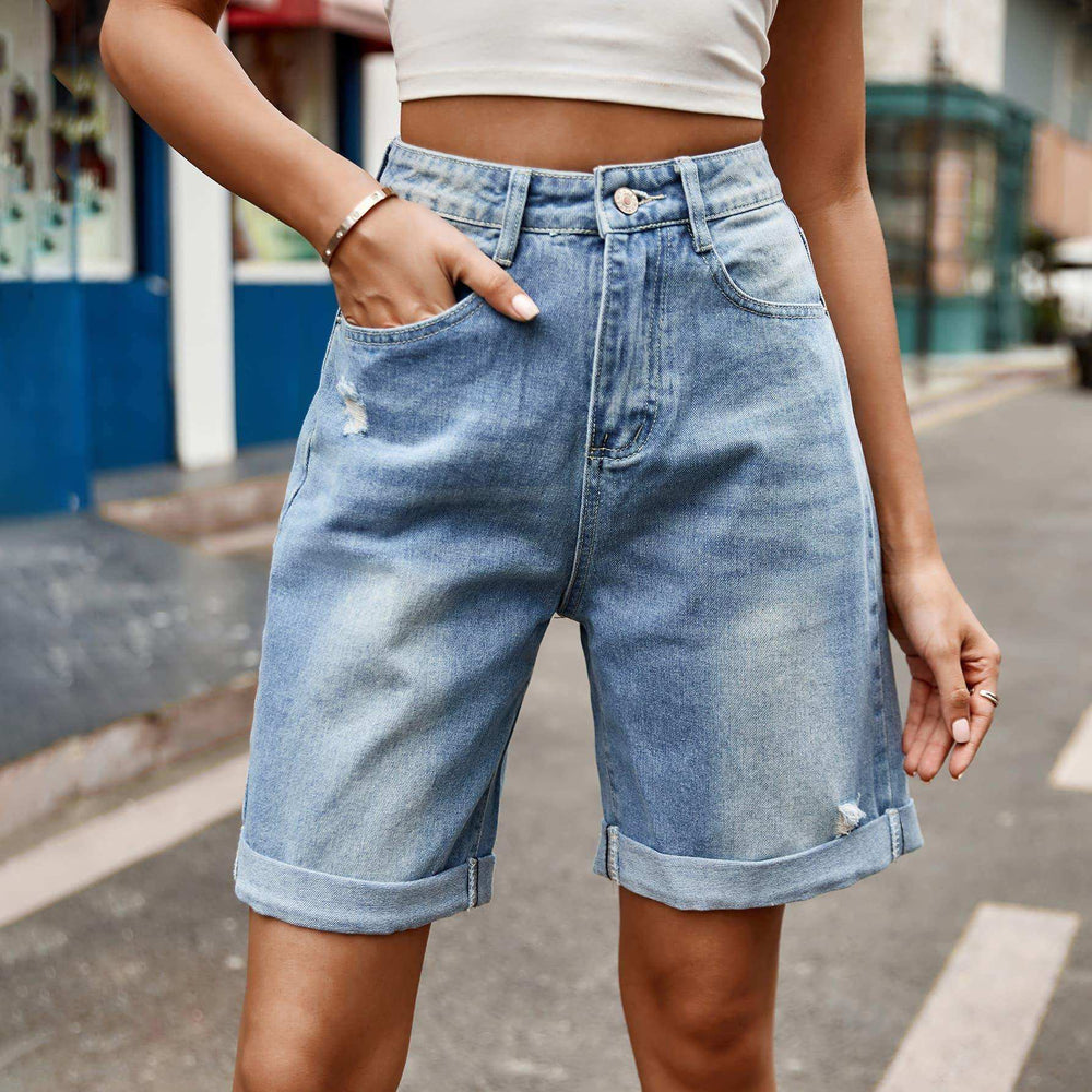Distressed Buttoned Denim Shorts with Pockets - Trendsi