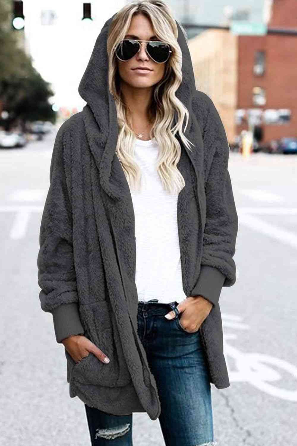 Teddy Hooded Jacket with Pockets - Trendsi - Flyclothing LLC