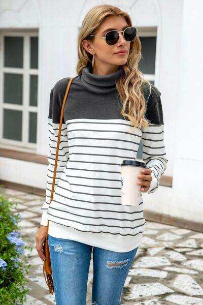Striped Contrast Turtleneck Sweater - Trendsi - Flyclothing LLC