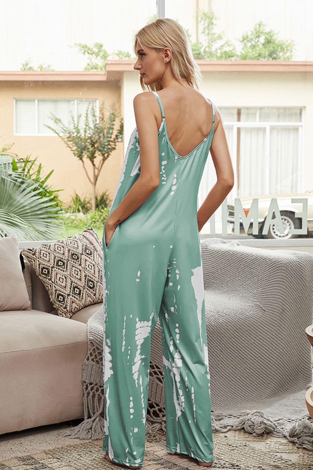 Tie-Dye Spaghetti Strap Jumpsuit with Pockets - Flyclothing LLC