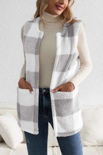 Sherpa Plaid Open Front Vest Coat - Flyclothing LLC