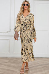 Printed V-Neck Smocked Midi Dress - Trendsi