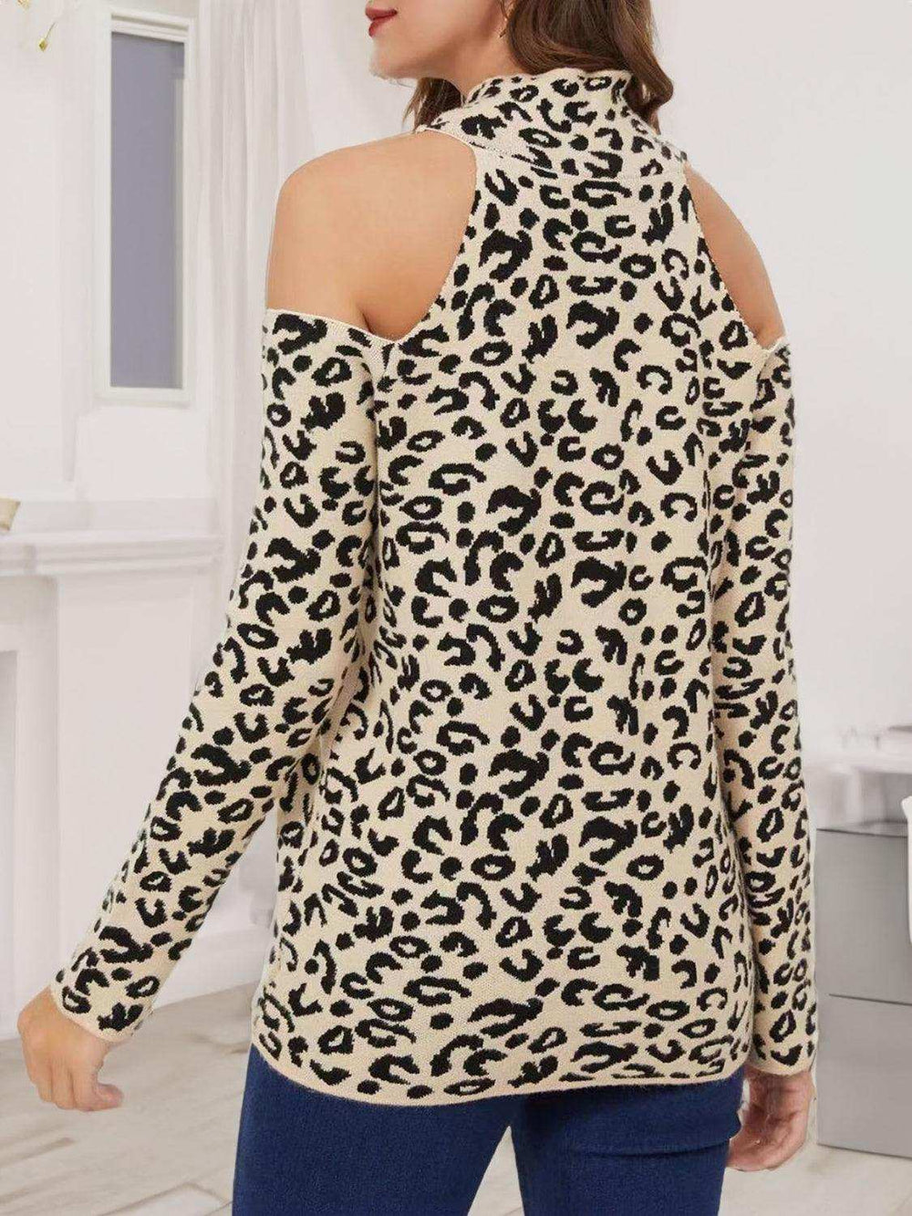 Leopard Cold-Shoulder Sweater - Trendsi - Flyclothing LLC